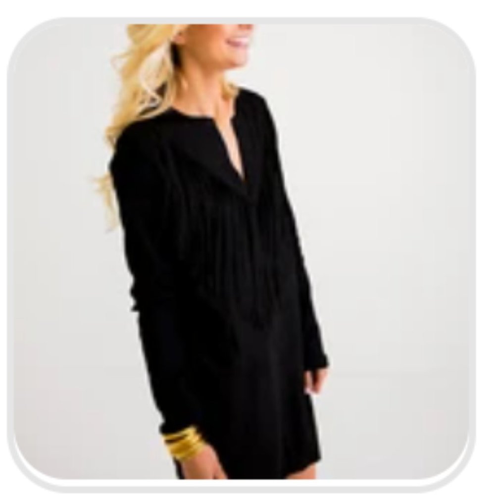 Karlie black faux suede fringe trim dress, new